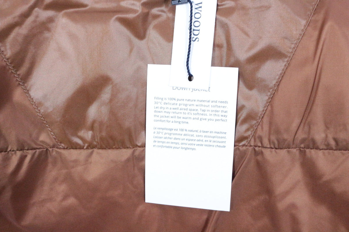 Doudoune mi-longue marron River Woods en polyamide avec étiquette de marque Frippindealz