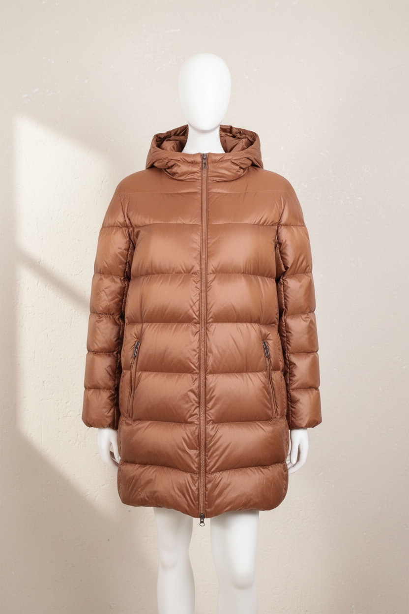 Doudoune mi-longue marron Frippindealz en duvet avec capuche et fermeture zippée pour femme