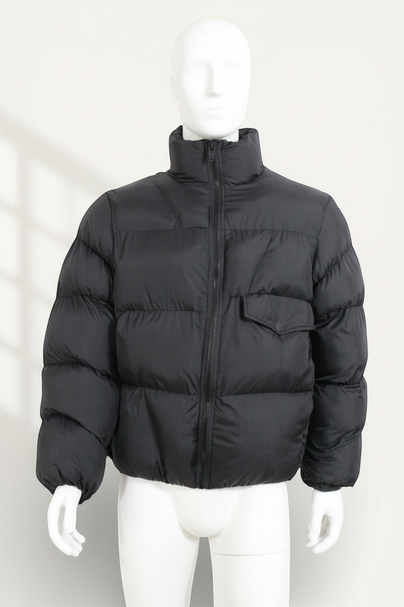 Doudoune noire Frippindealz pour homme en polyester et polyamide, coupe matelassée avec col montant et fermeture zippée