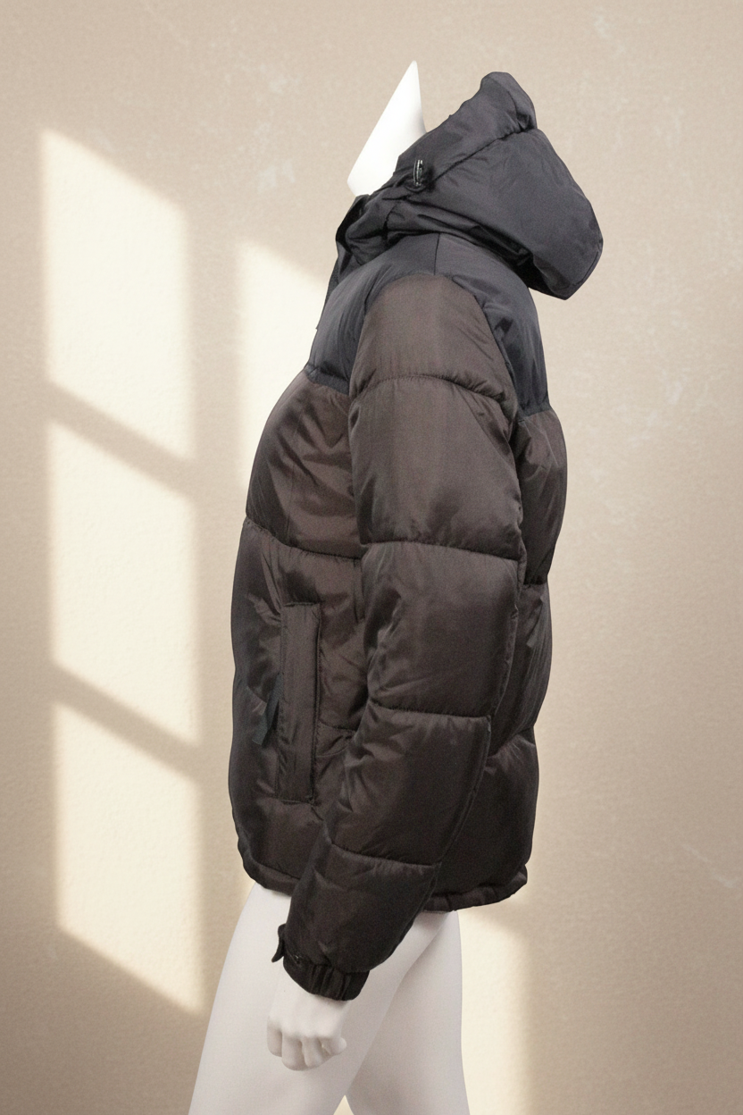 Doudoune Frippindealz Melya Melody noire et kaki en polyester avec capuche et poches zippées sur mannequin