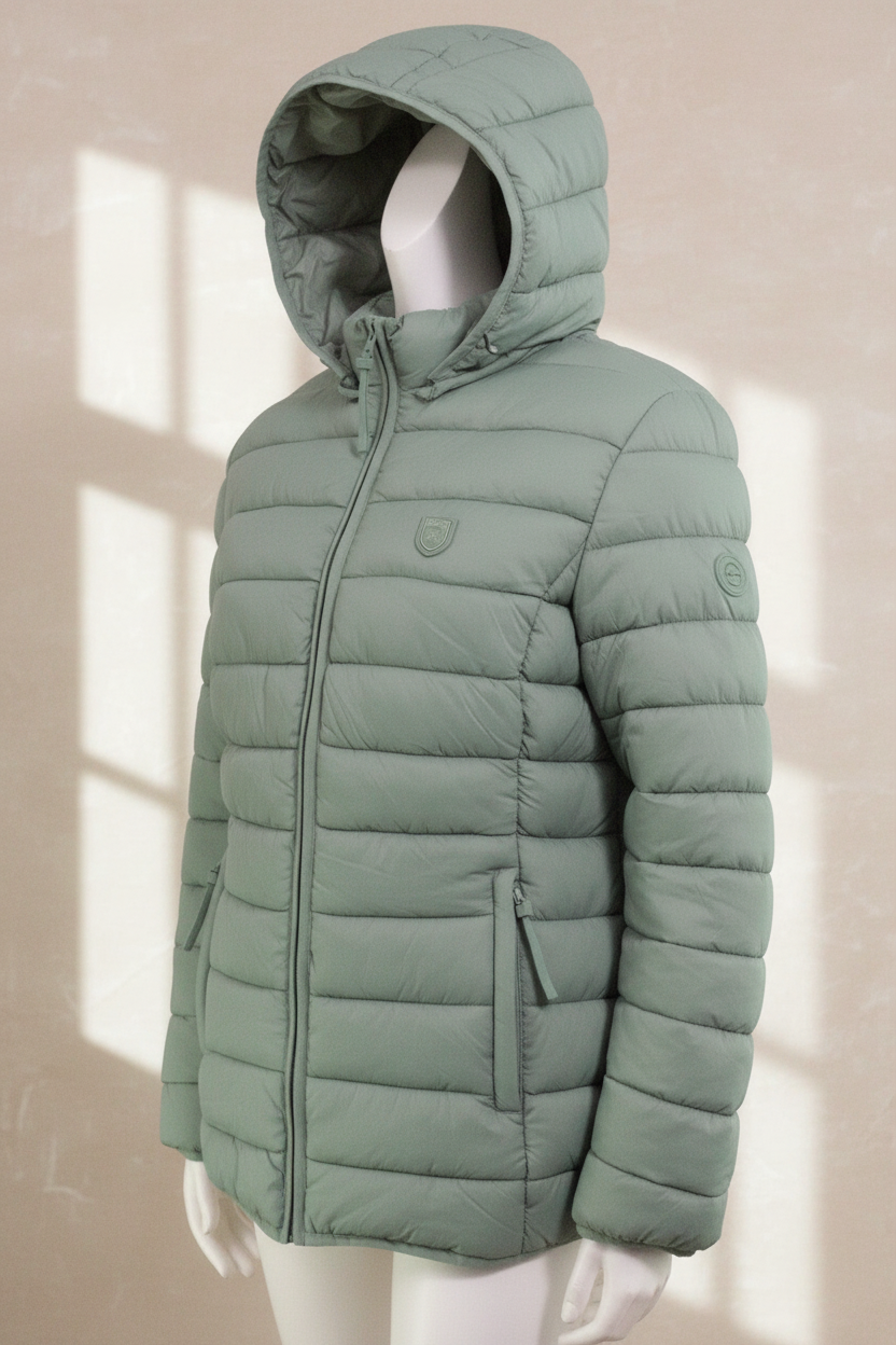 Doudoune verte imperméable Canadian Peak avec capuche amovible, présentée sur un mannequin chez Frippindealz.