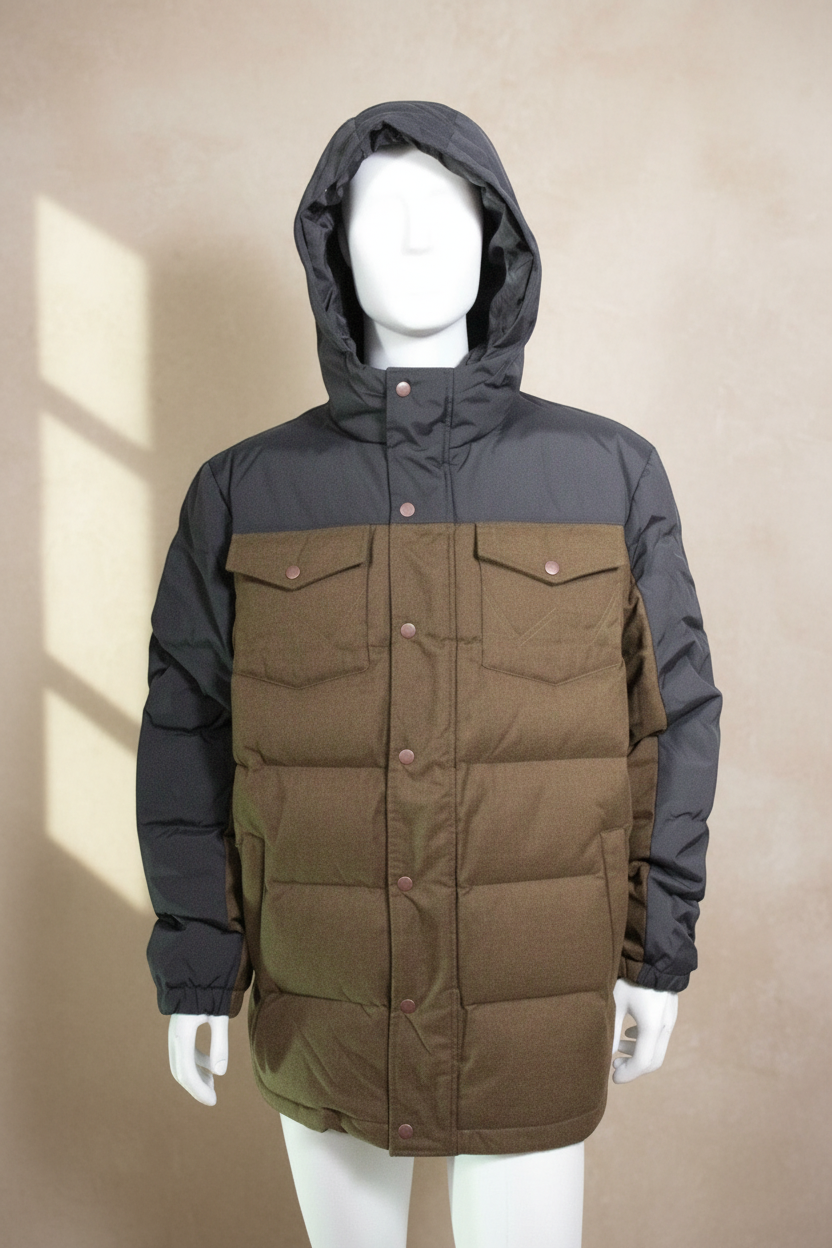Doudoune Frippindealz Wrangler bicolore noir et kaki en polyamide et coton avec capuche et poches poitrine