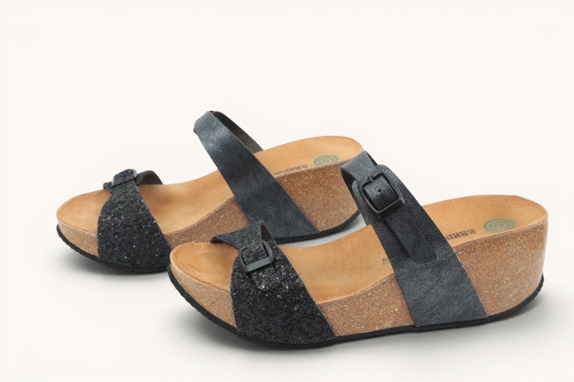 Mules à talon compensé Frippindealz Dr Brinkmann en cuir noir pailleté avec brides réglables et semelle en liège