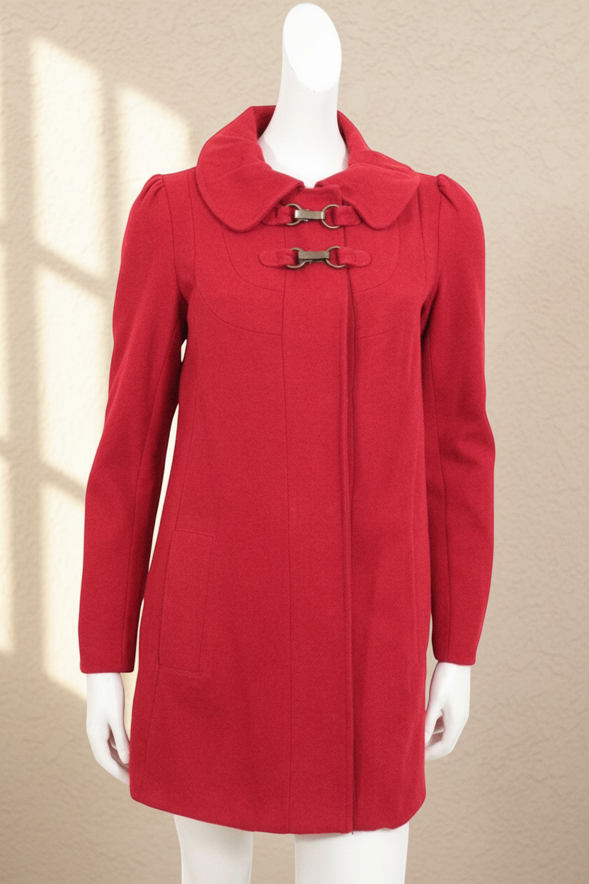Duffle-coat rouge Frippindealz en mélange de laine avec col arrondi et fermetures métalliques élégantes