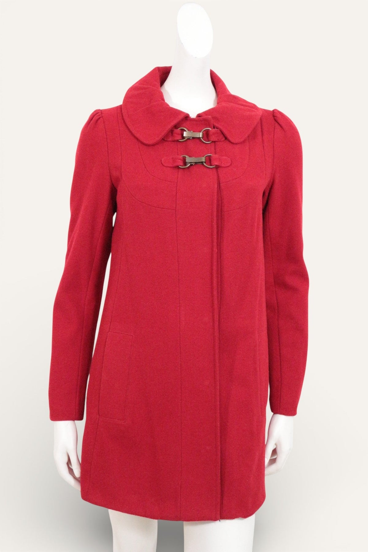 Duffle-coat rouge Frippindealz en mélange de laine, polyester et viscose avec fermetures métalliques élégantes