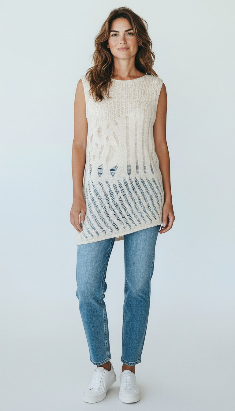 Frippindealz ecru knit sleeveless top with distressed details and asymmetrical hem. Cotton-polyester blend.