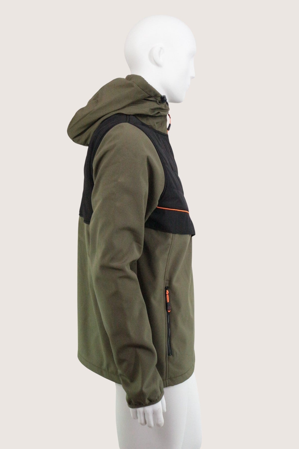 Veste blouson Frippindealz Ellesse kaki et noir avec capuche, intérieur polaire et détails orange, vue de profil