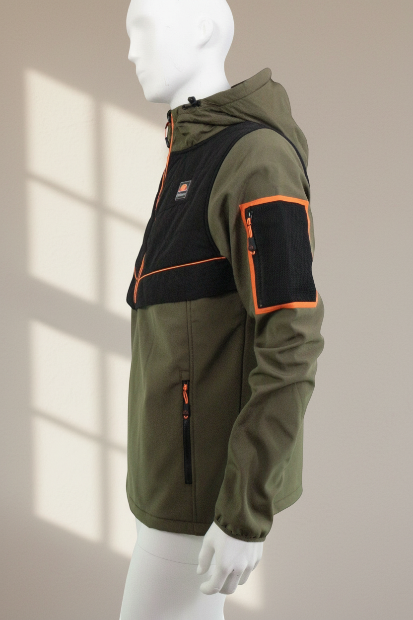 Veste coupe-vent Frippindealz Ellesse kaki, noire et orange avec intérieur polaire et détails contrastés