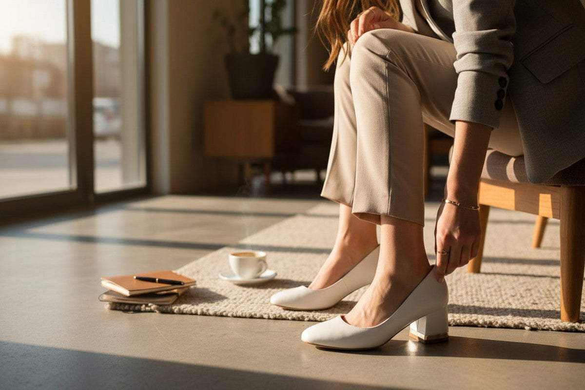 Escarpins Frippindealz San Marina en cuir ivoire avec talon bloc et détail doré portés avec un tailleur beige