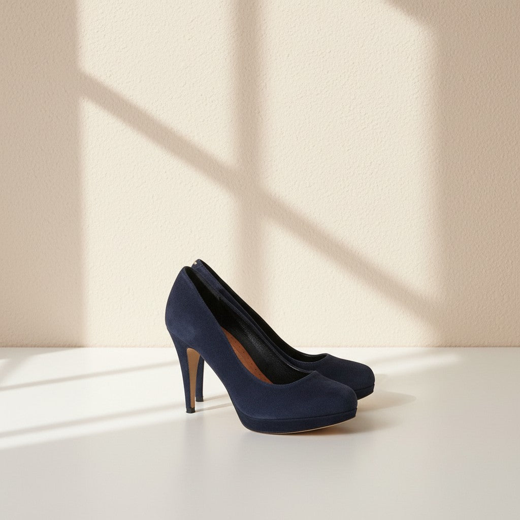 Escarpins Frippindealz Minelli en daim bleu marine avec talons hauts et plateforme discrète
