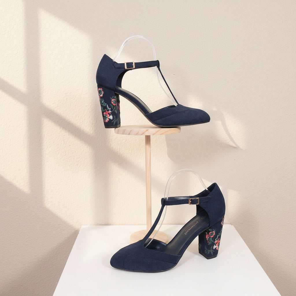 Escarpins Frippindealz Promod bleu marine en cuir synthétique avec bride en T et talons larges à broderies florales