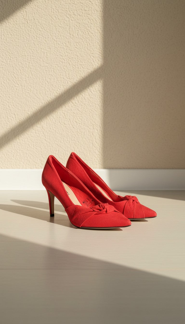 Escarpins Frippindealz Promod rouges en suédine avec bout pointu et nœud décoratif sur talons fins