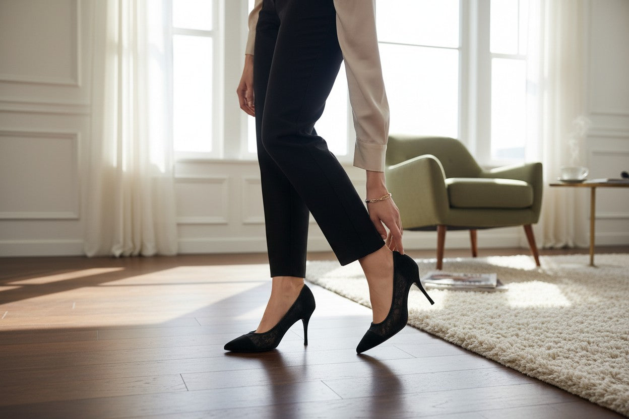 Escarpins Frippindealz Sandro noirs en dentelle et suède portés avec un pantalon tailleur dans un intérieur chic