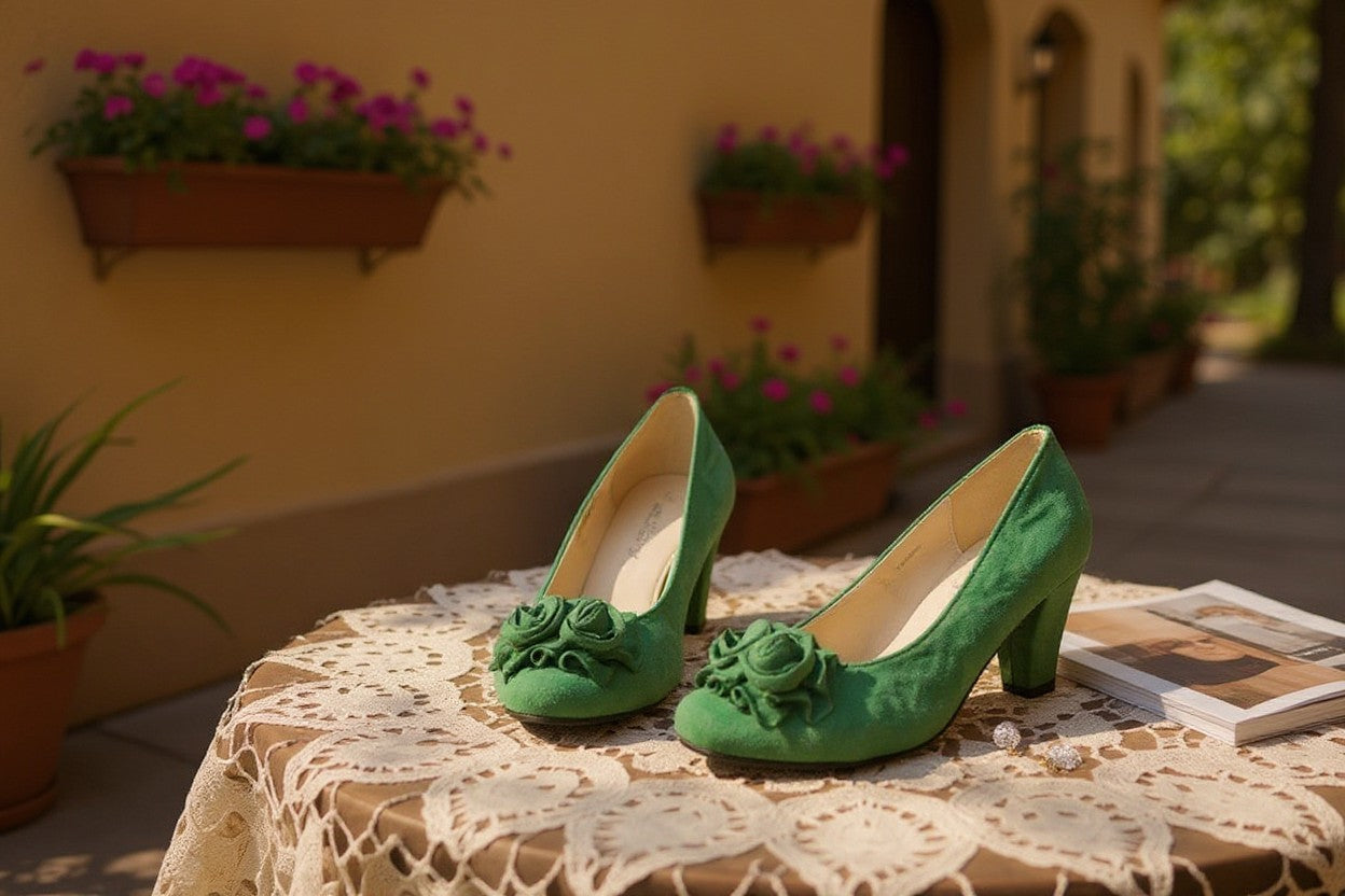 Escarpins Frippindealz Andrea Conti en velours vert avec détails de fleurs sur le bout, posés sur une table en dentelle.