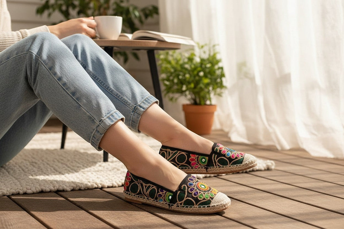 Espadrilles Frippindealz Métamorf'ose en textile noir avec broderies florales colorées et semelle en corde de jute
