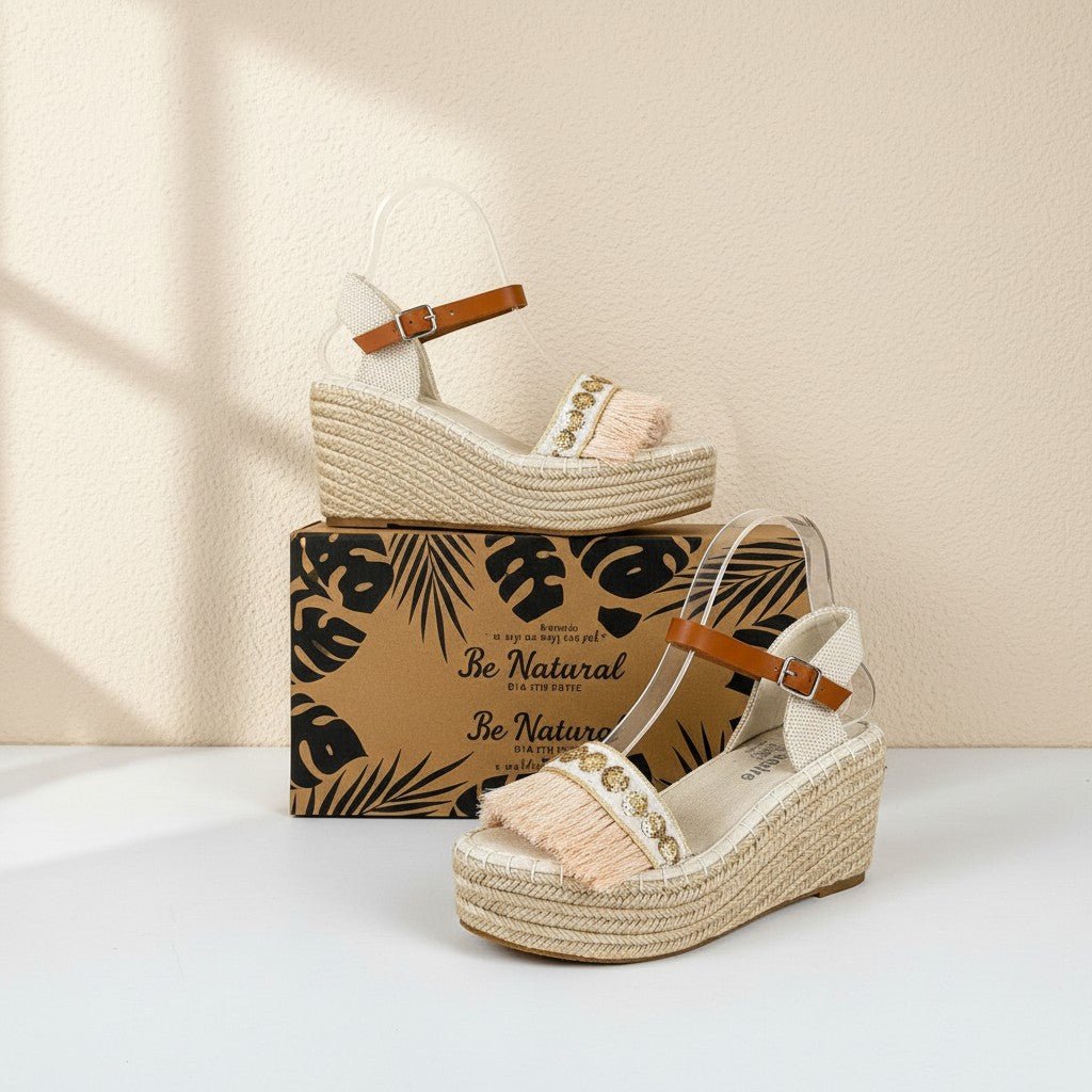 Espadrilles compensées Frippindealz en toile beige avec franges rose poudré, paillettes dorées et semelle en corde