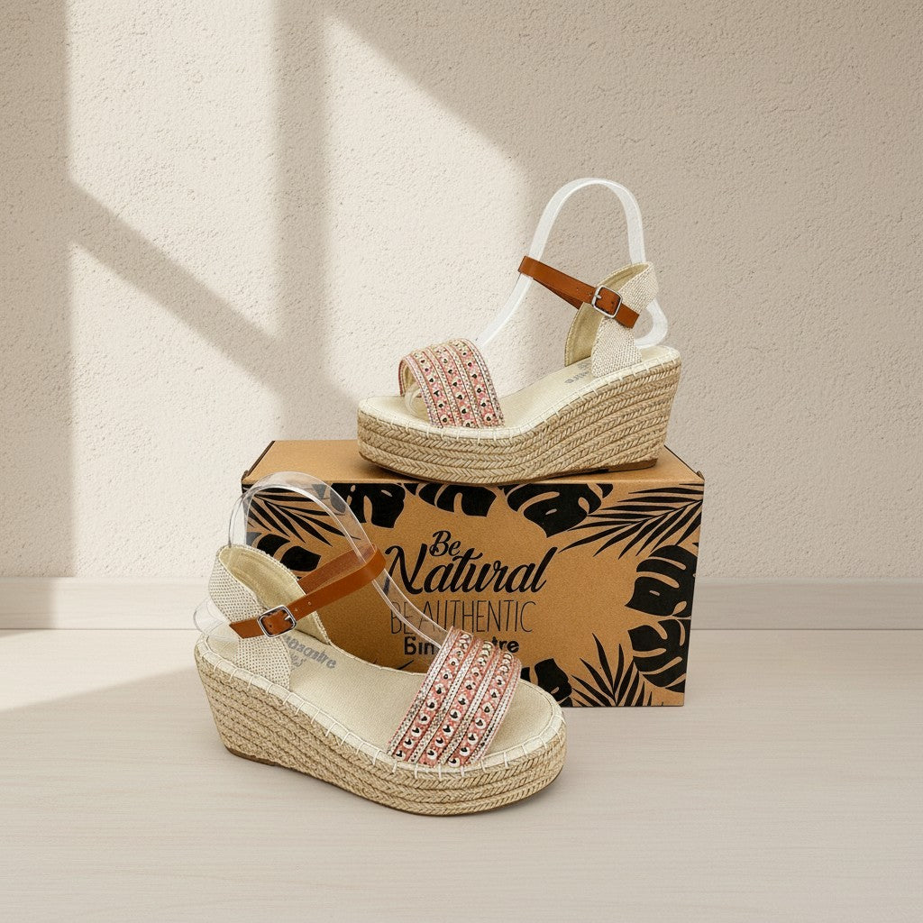 Espadrilles compensées Frippindealz Simó Sastre Isabela Rosa en corde tressée avec clous dorés et bride camel