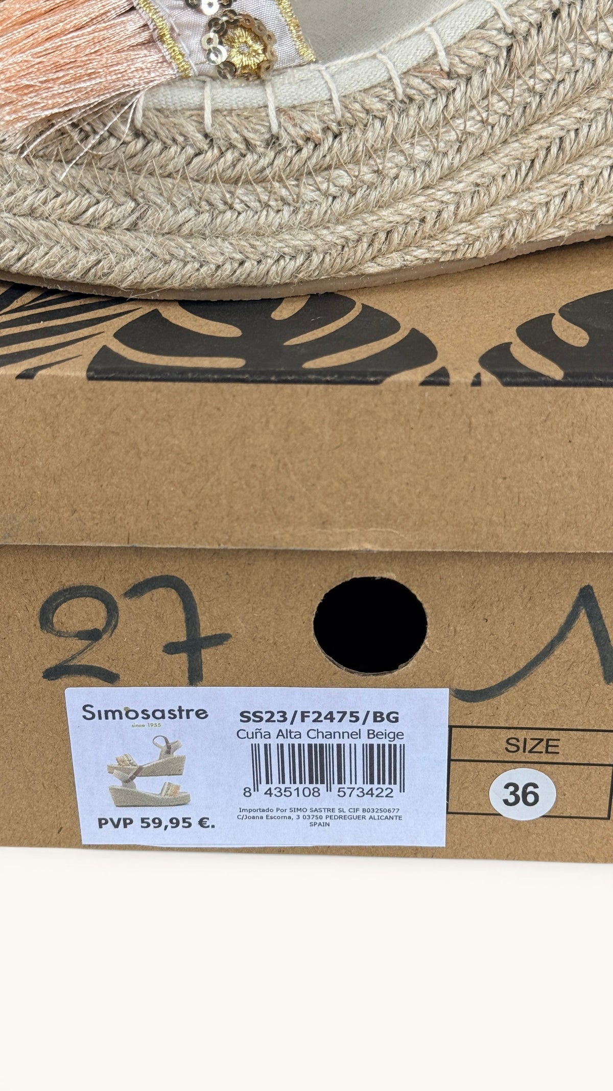 Espadrilles compensées Frippindealz Simó Sastre beige avec franges rose poudré, paillettes dorées et semelle en corde