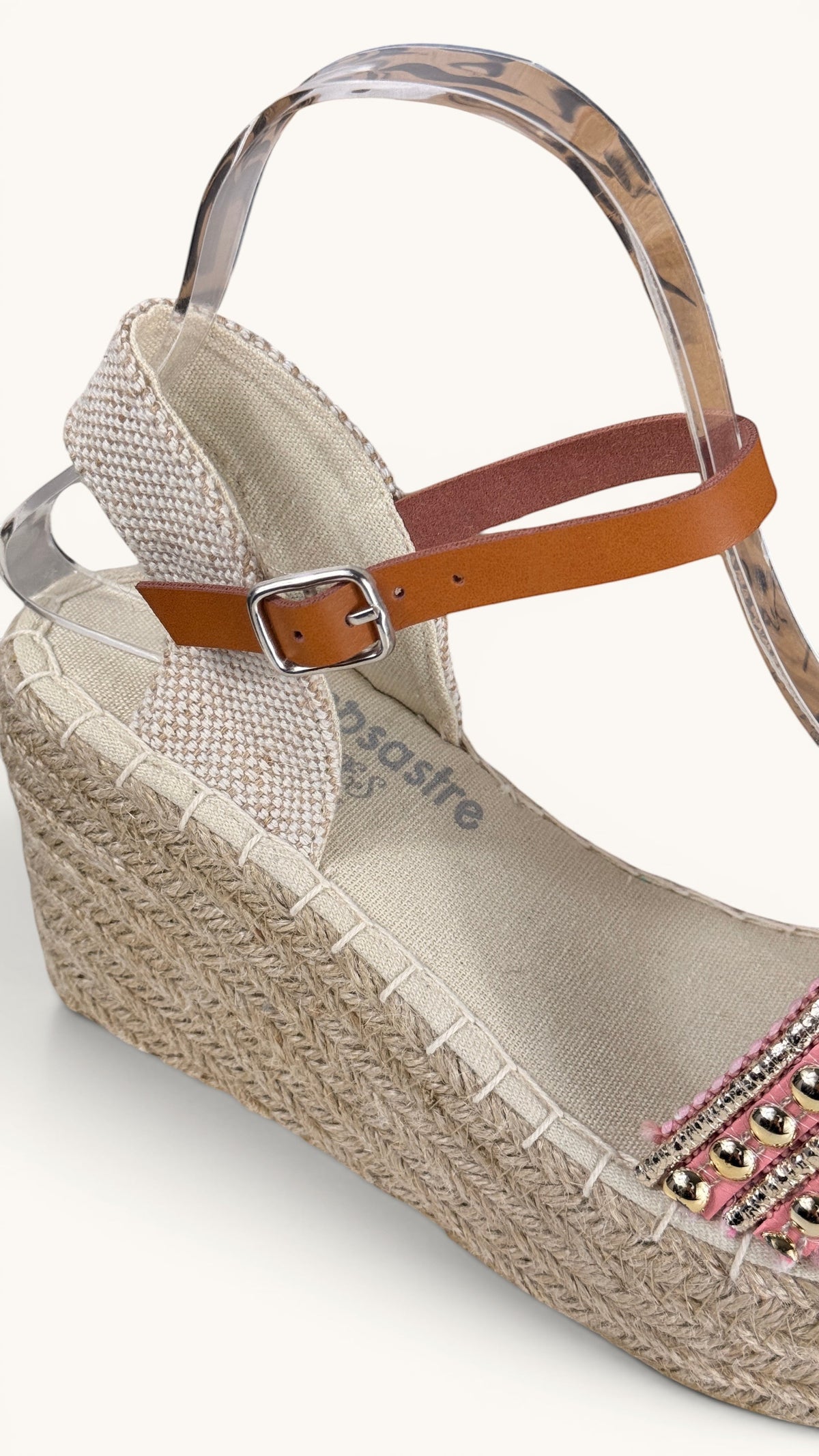 Espadrilles compensées Frippindealz Simó Sastre Isabela rose et doré avec bride camel et semelle en corde tressée