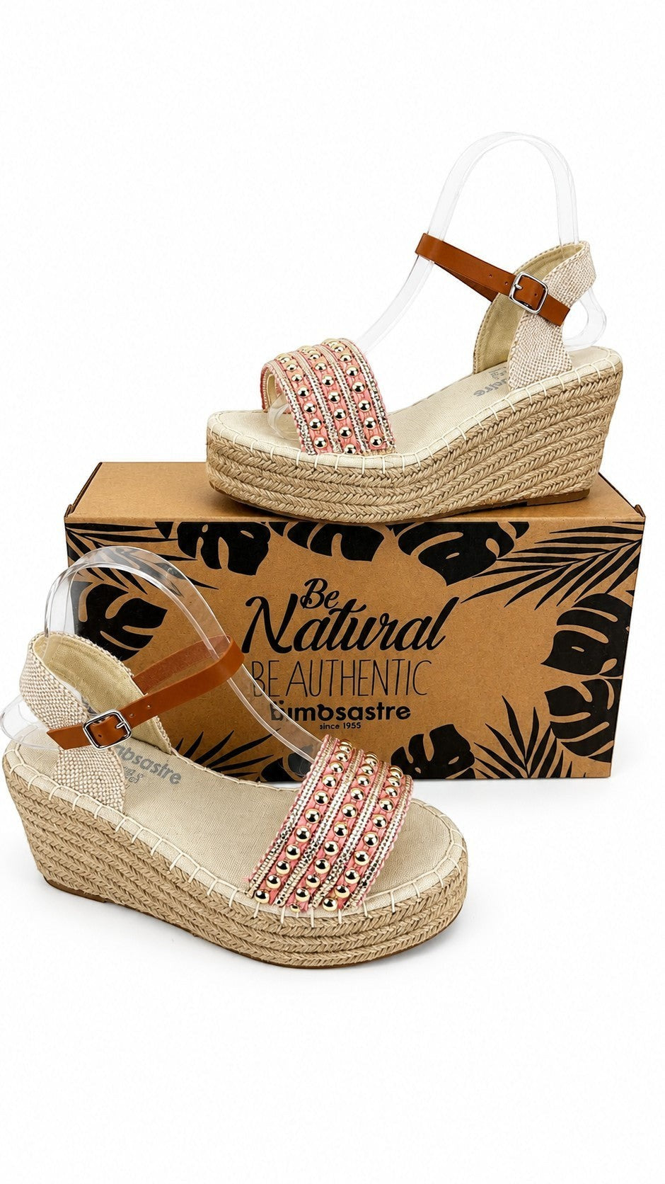 Espadrilles compensées Frippindealz Simó Sastre Isabela rose et doré avec clous et semelle en corde tressée