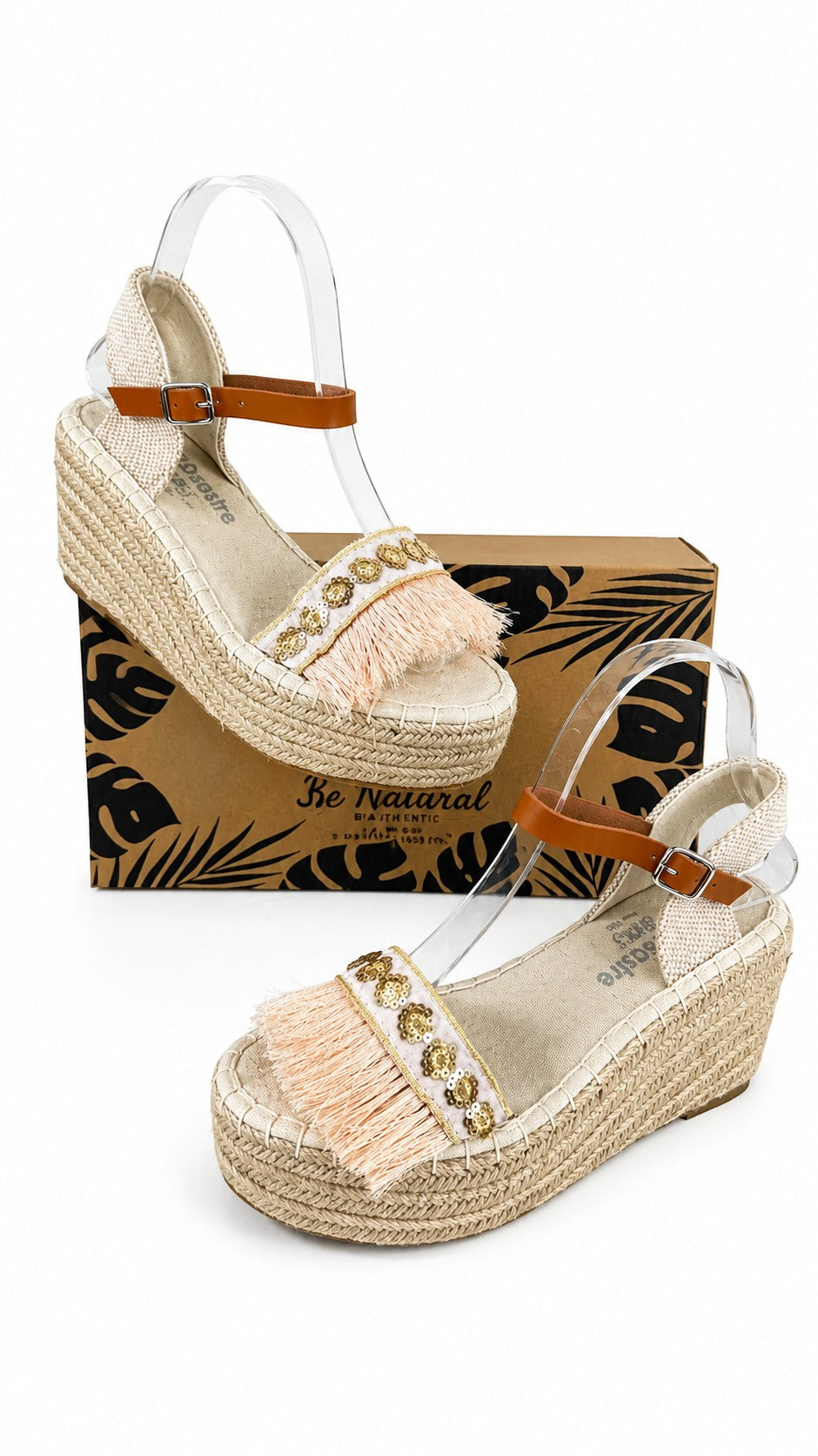 Espadrilles compensées Frippindealz Simó Sastre beige à franges rose poudré, paillettes dorées et bride cheville.
