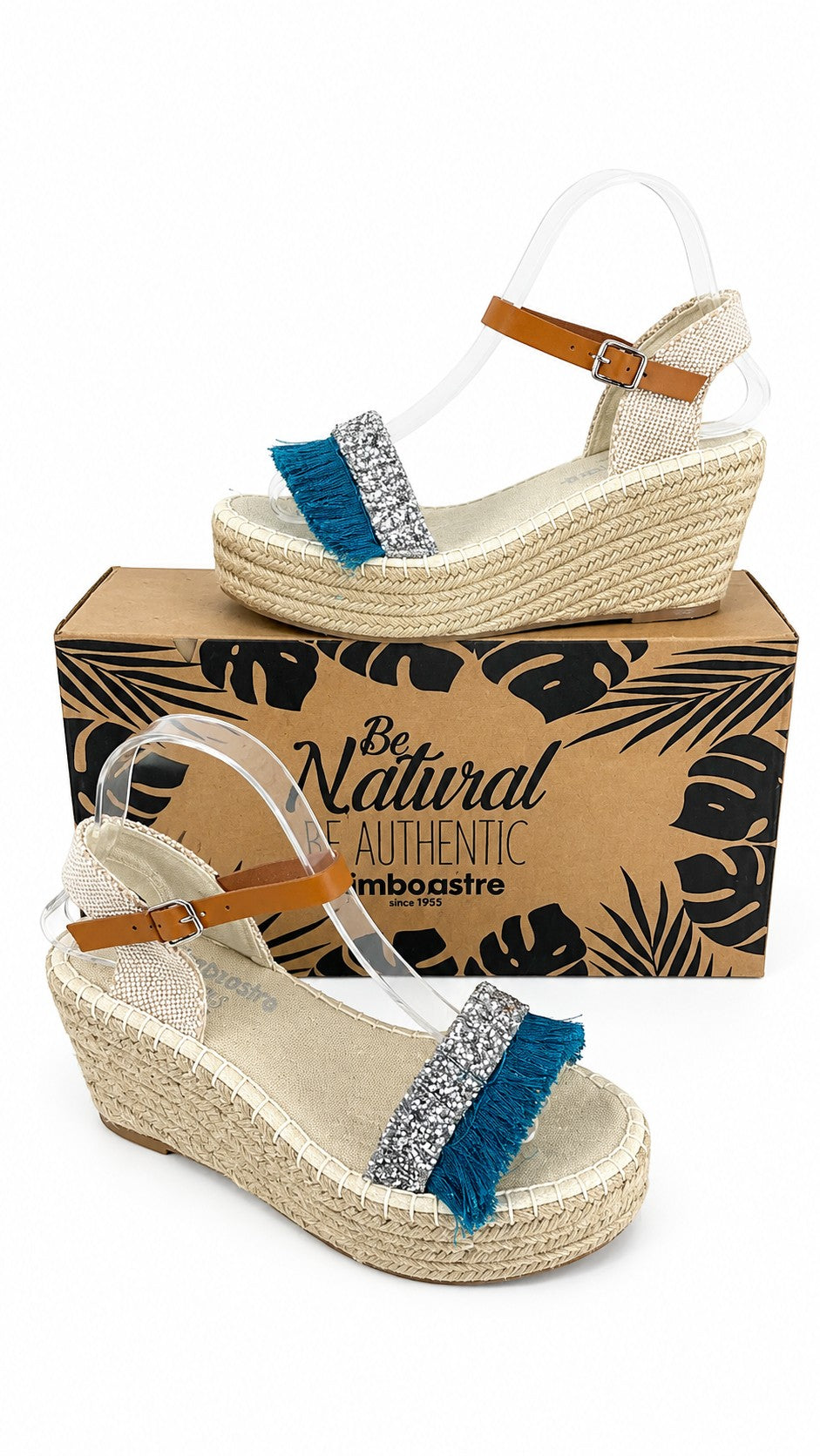 Espadrilles compensées Frippindealz Simó Sastre en toile écrue, strass argentés et franges bleu turquoise, taille 37.