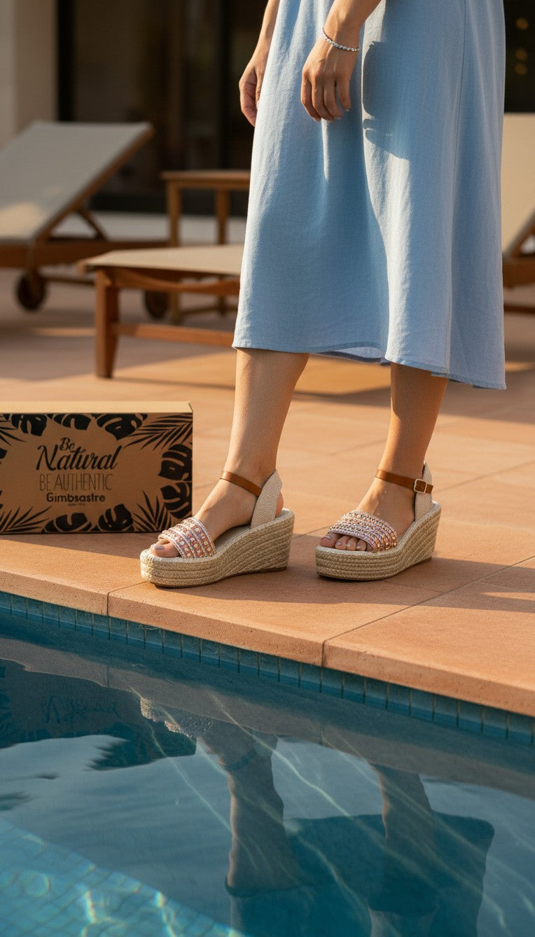 Espadrilles compensées Frippindealz Simó Sastre Isabela rose et doré avec bride camel au bord d'une piscine