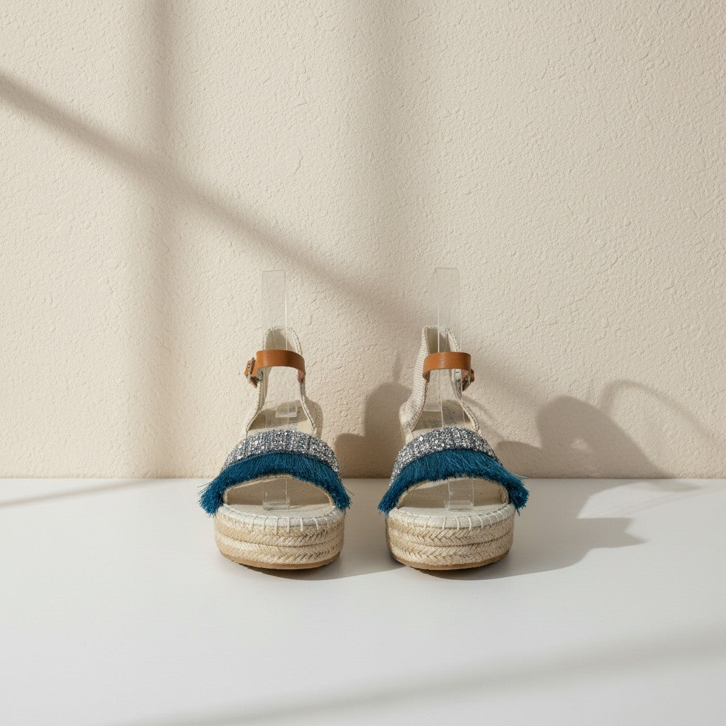 Espadrilles compensées Frippindealz Simó Sastre Valentina en toile écrue avec franges turquoise et strass argentés