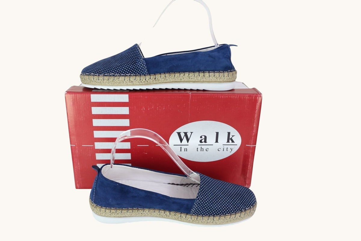 Espadrilles Frippindealz Walk In The City bleu marine en cuir velours avec motif micro-pois et semelle corde tressée