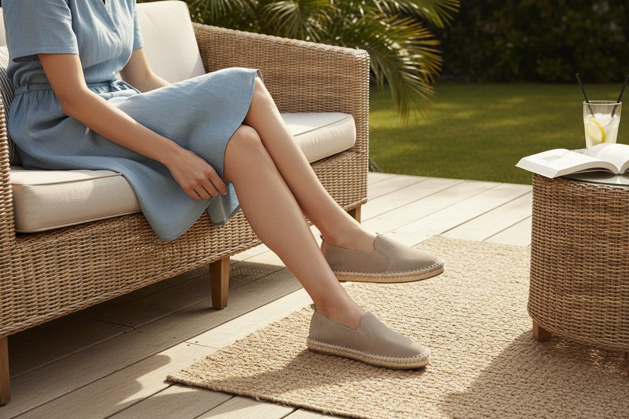 Femme portant des espadrilles Frippindealz en daim beige avec semelle en corde sur une terrasse ensoleillée