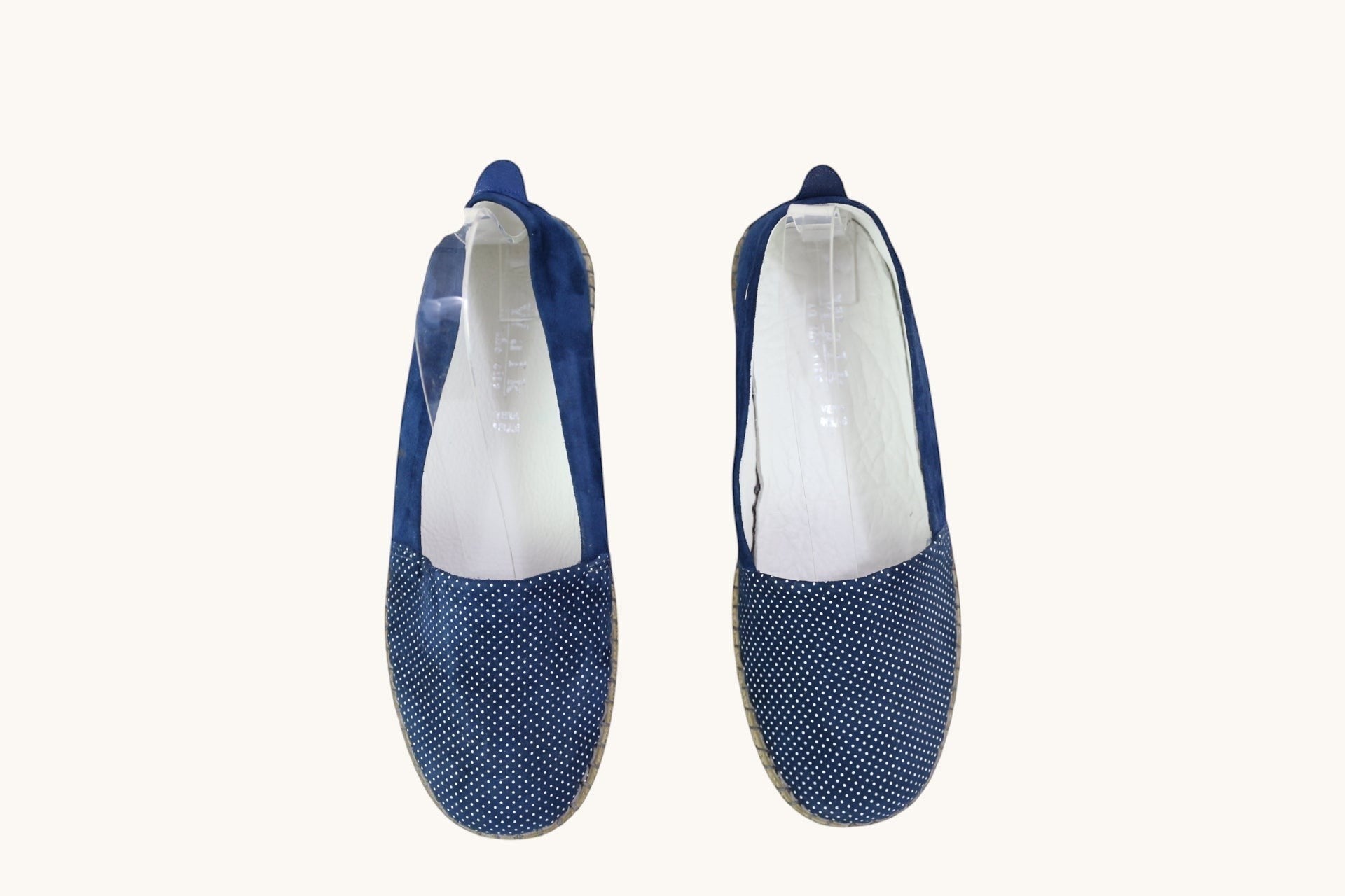 Espadrilles femme Frippindealz en cuir velours bleu marine avec motif micro-pois et semelle façon corde tressée