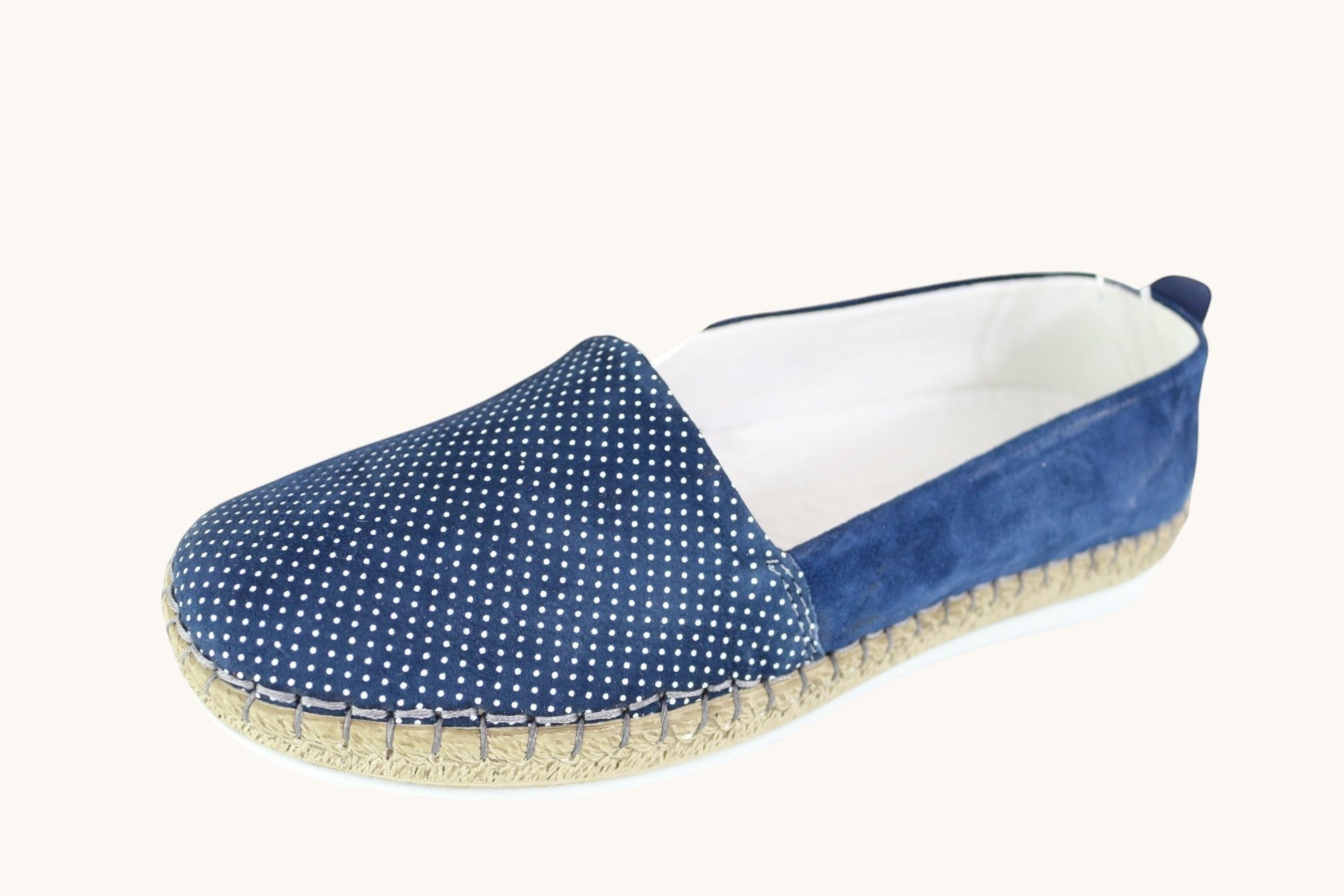 Espadrilles femme Frippindealz Walk In The City en cuir velours bleu marine à pois avec semelle corde tressée
