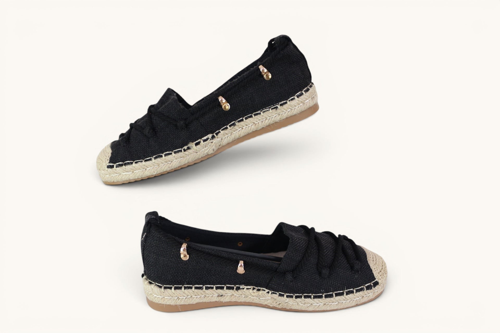 Espadrilles femme Frippindealz Day-Vine noires en toile avec semelle en corde tressée et détails dorés