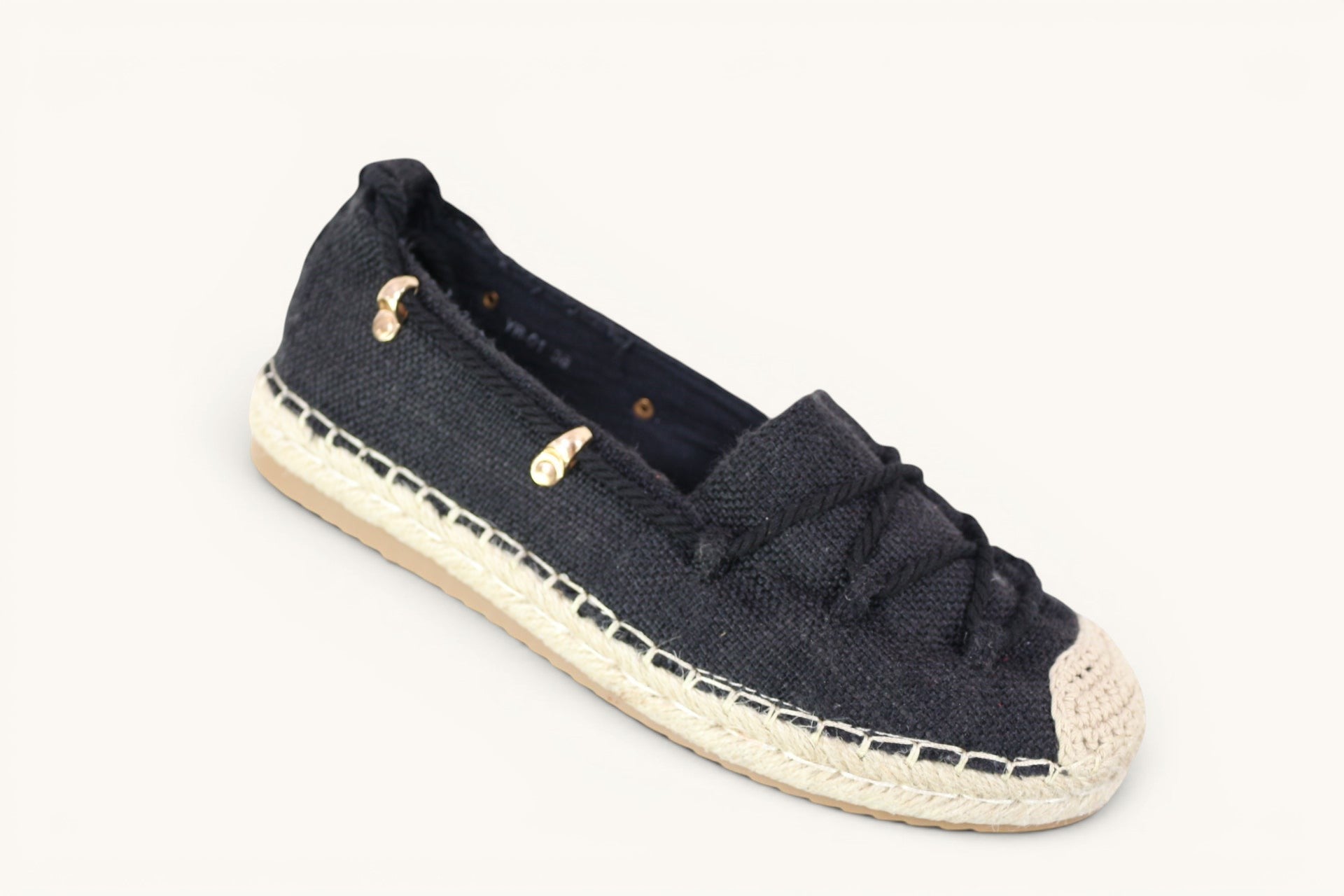 Espadrilles femme noires Frippindealz en toile avec semelle en corde tressée, lacets épais et détails dorés
