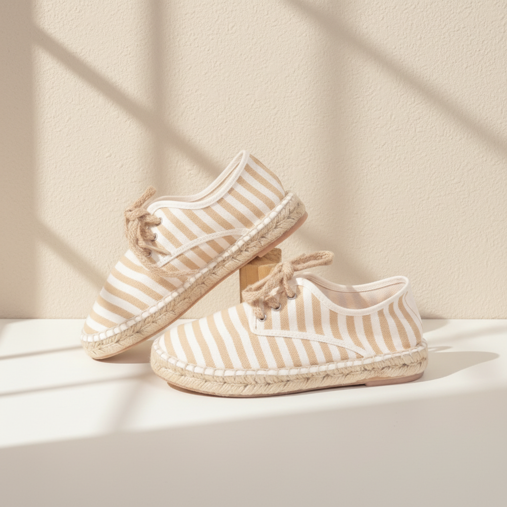 Espadrilles Frippindealz Bonnet A Pompon en coton rayé blanc et beige avec semelle en jute tressée