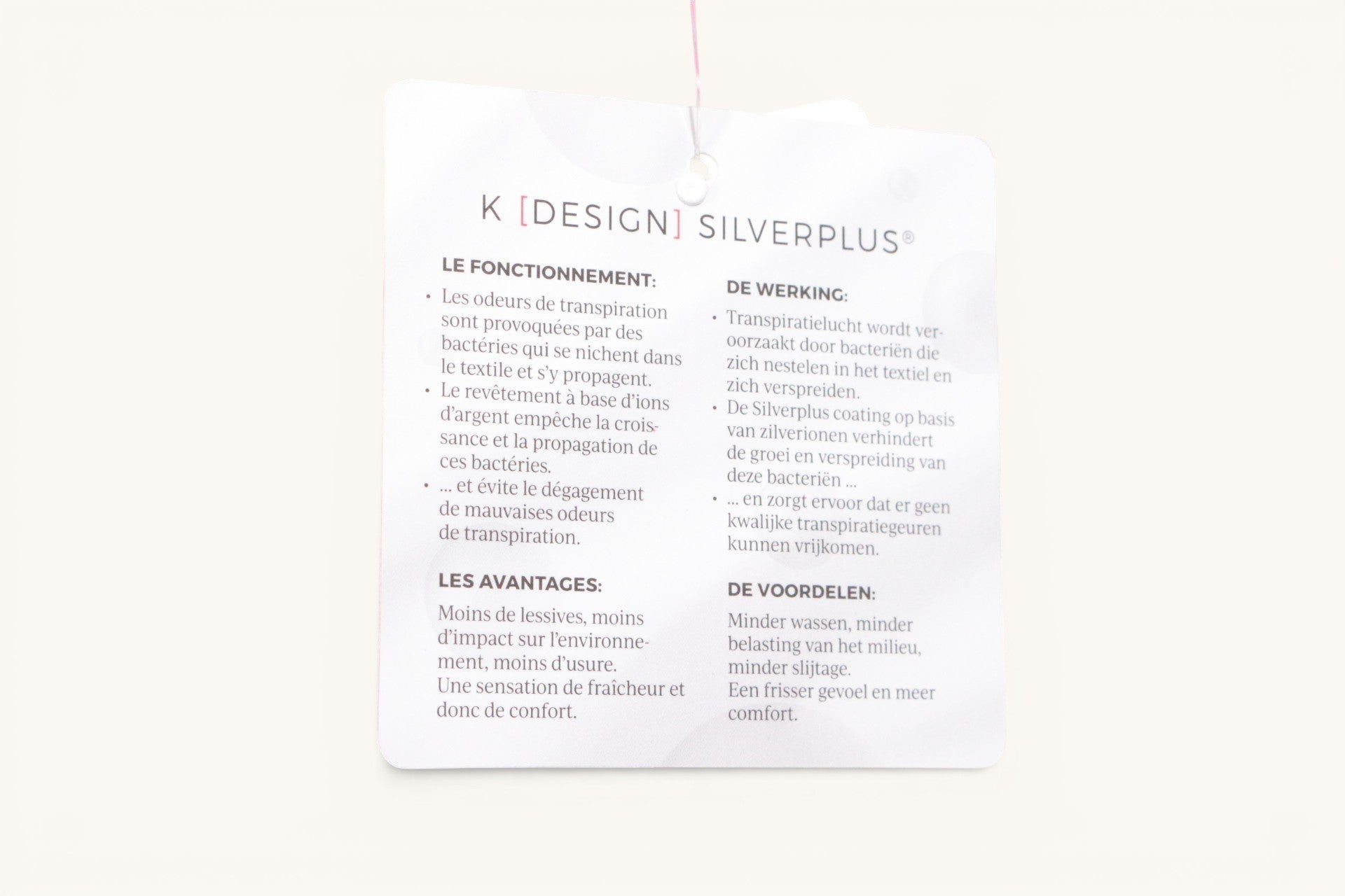 Étiquette descriptive Frippindealz pour vêtement K design avec technologie antibactérienne Silverplus en français et néerlandais
