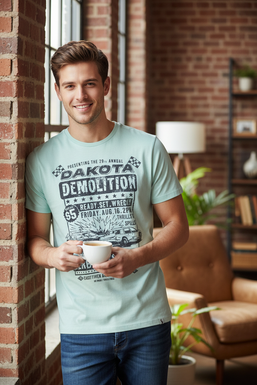 Homme portant un t-shirt Frippindealz FatFace bleu ciel en coton avec imprimé vintage derby, col rond et manches courtes