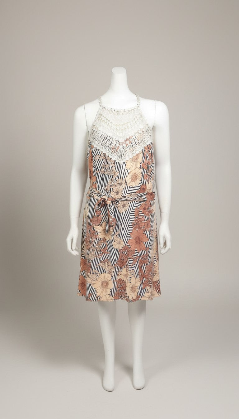 Frippindealz white, beige, and brown floral print polyester maxi dress with crochet neckline and tie waist.