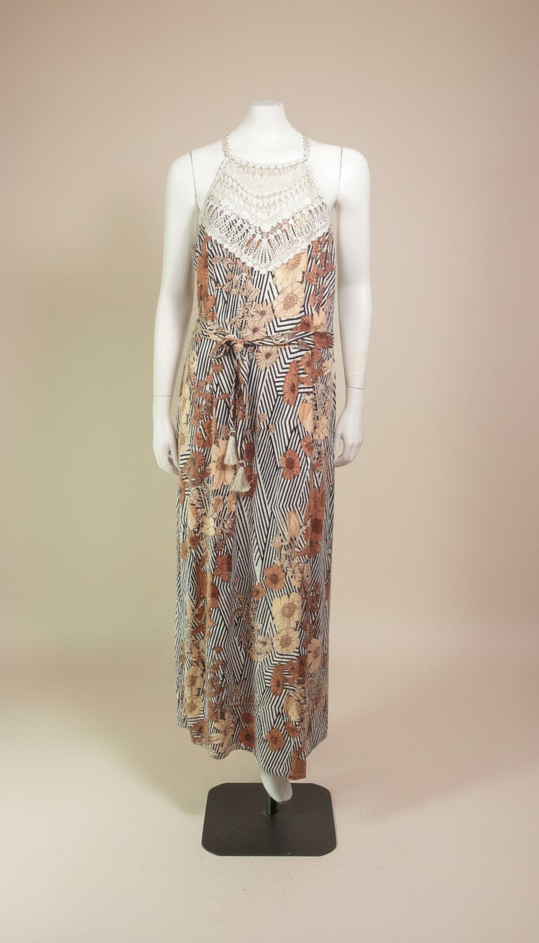 Frippindealz K design white, beige, and brown floral print polyester maxi dress with crochet halter neckline and tie waist.