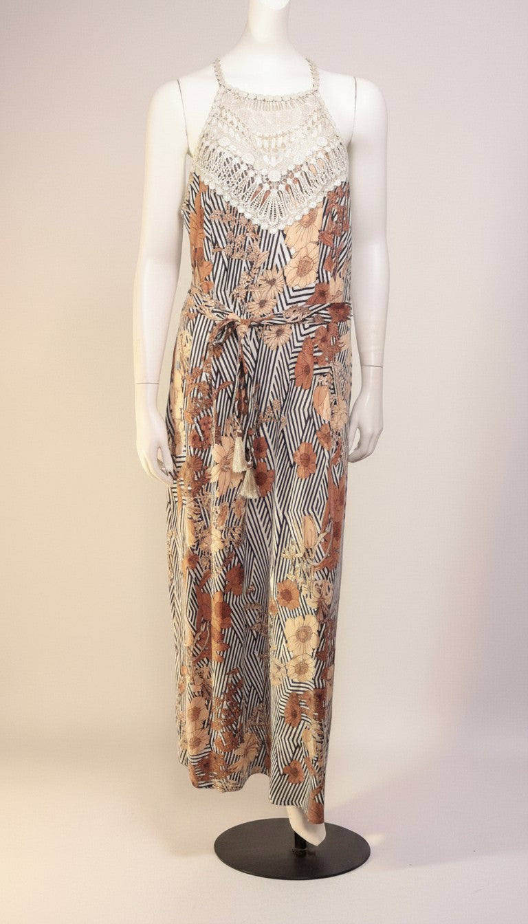 Frippindealz K design white, beige, and brown floral print polyester maxi dress with crochet neckline and tie waist.