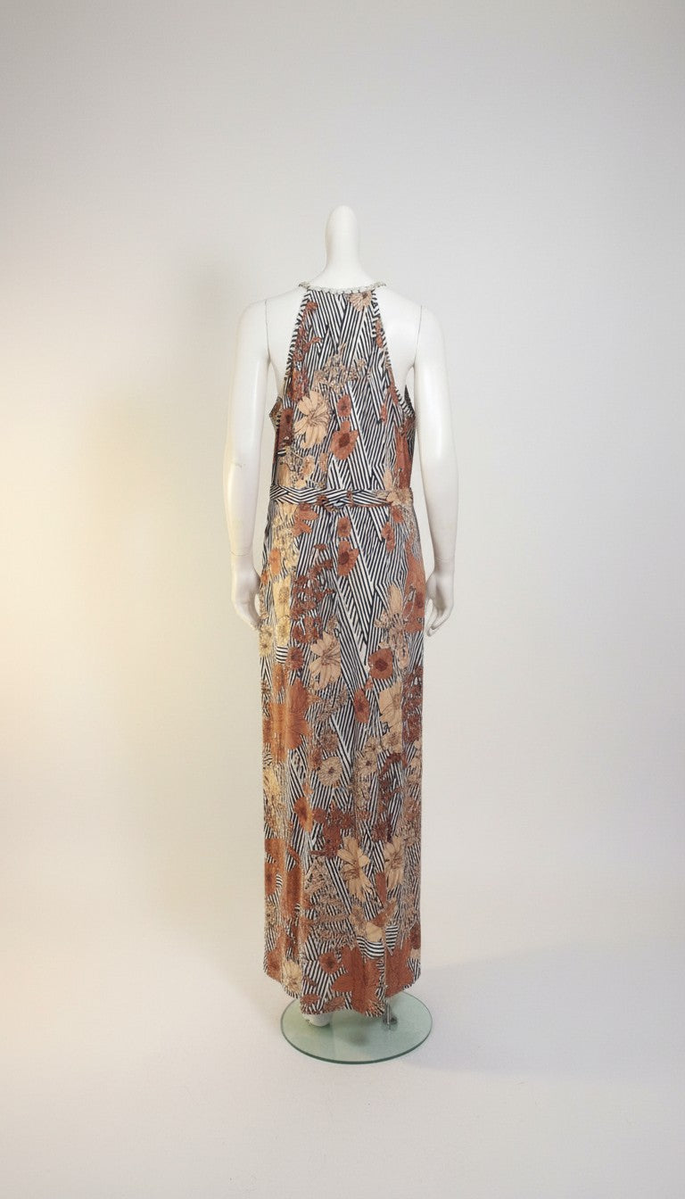 Frippindealz K design white, beige, and brown floral print polyester maxi dress with black stripes and a belt.