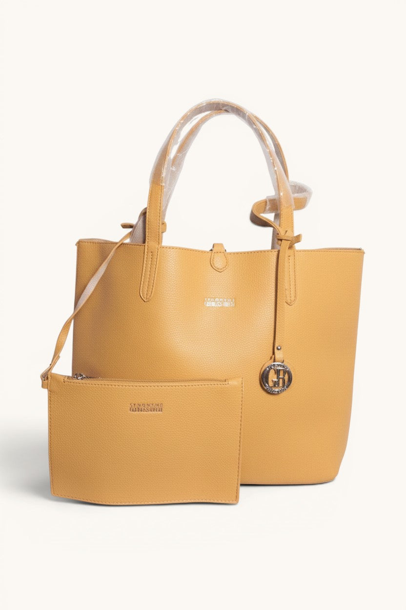 Georges Rech mustard yellow synthetic leather tote bag with matching zip pouch and GR logo charm.