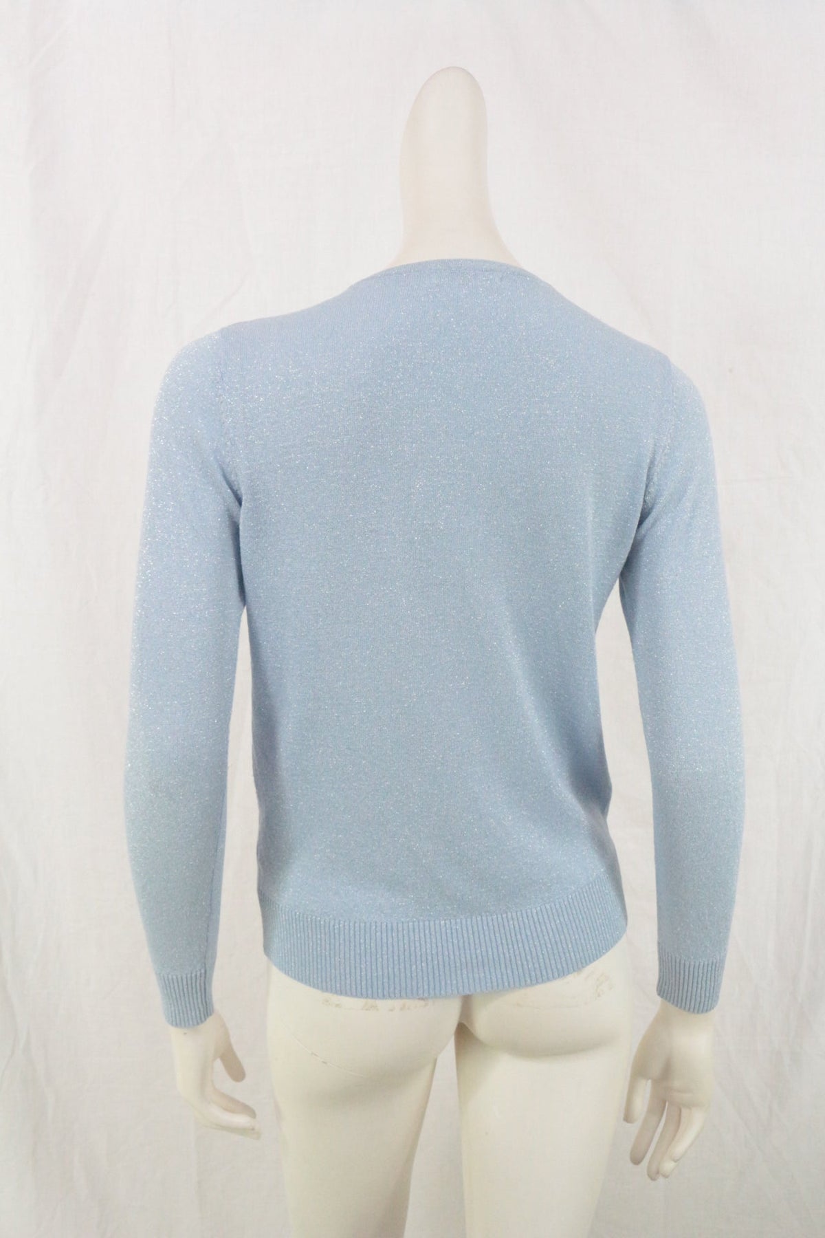 Vue arrière du gilet irisé bleu clair Frippindealz en viscose et polyester avec finitions côtelées