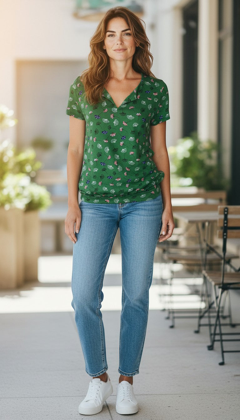 Frippindealz green viscose top with a repeating ginkgo leaf pattern in white, pink, and blue. Short sleeves and V-neck.
