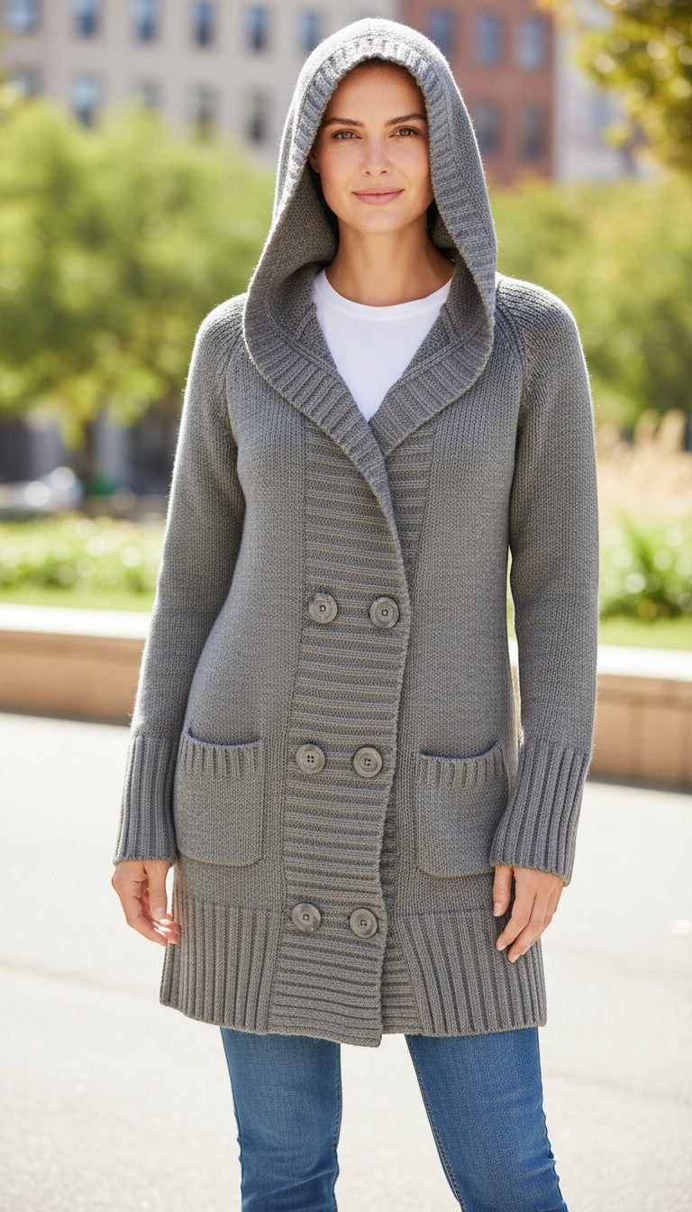 Frippindealz grey acrylic long hooded cardigan with buttons and pockets, size M.
