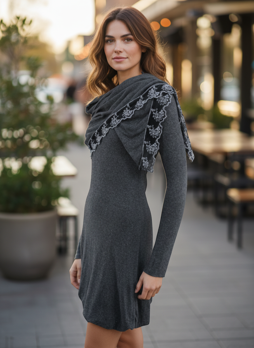 Frippindealz grey dress made of polyamide, viscose, angora, elastane with lace trim and cowl neck.