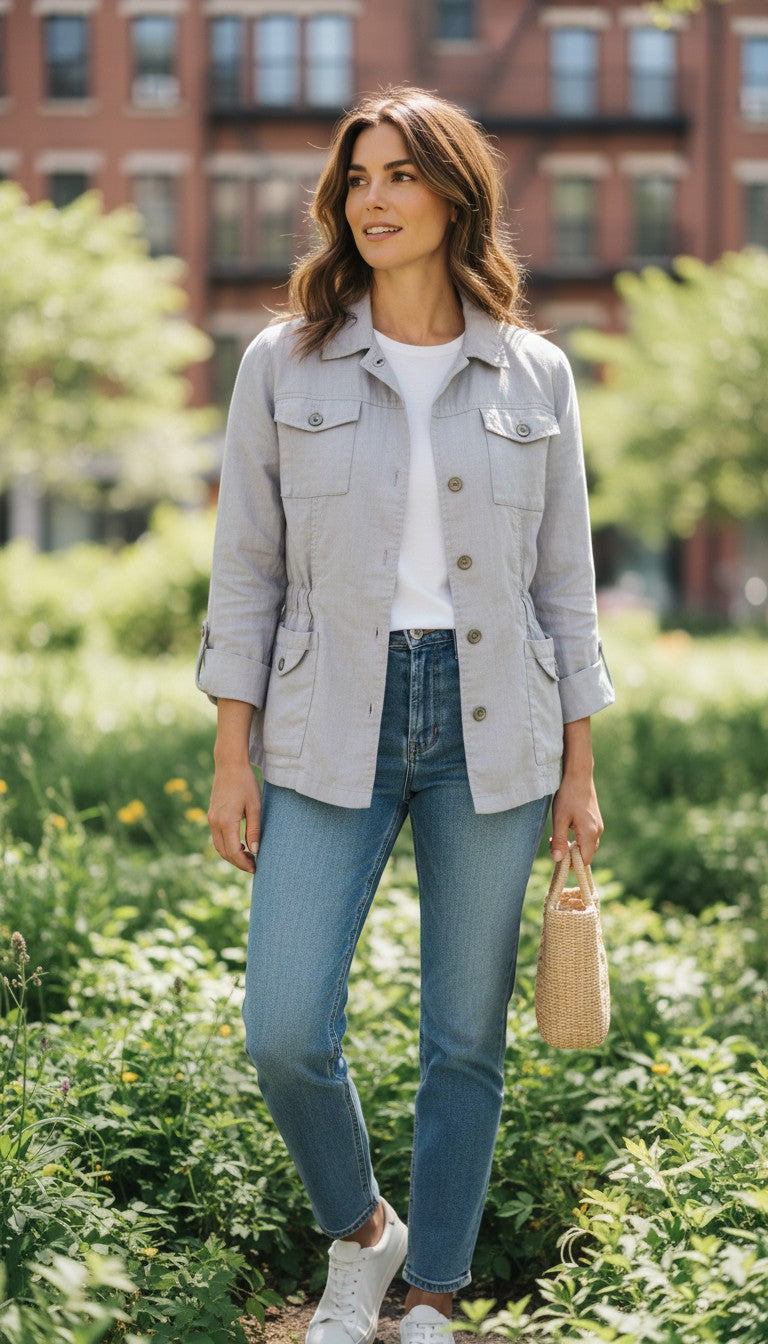 Frippindealz light grey 100% linen jacket with button closure, two front pockets, and cinched waist detail.