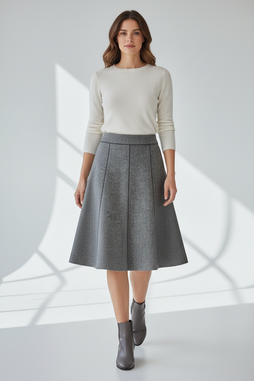 Frippindealz grey wool blend midi skirt with black piping detail and A-line cut.
