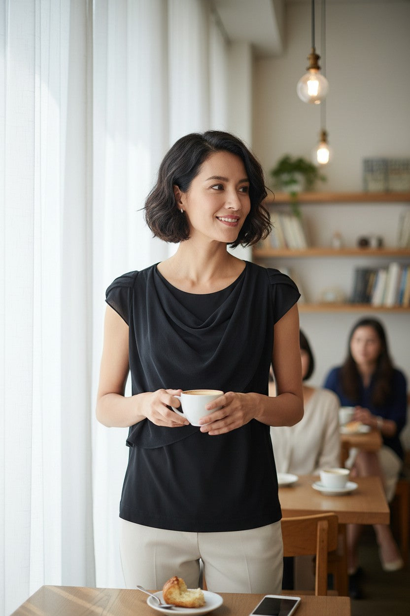 Femme portant un haut noir fluide Frippindealz avec col drapé et manches courtes dans un café lumineux