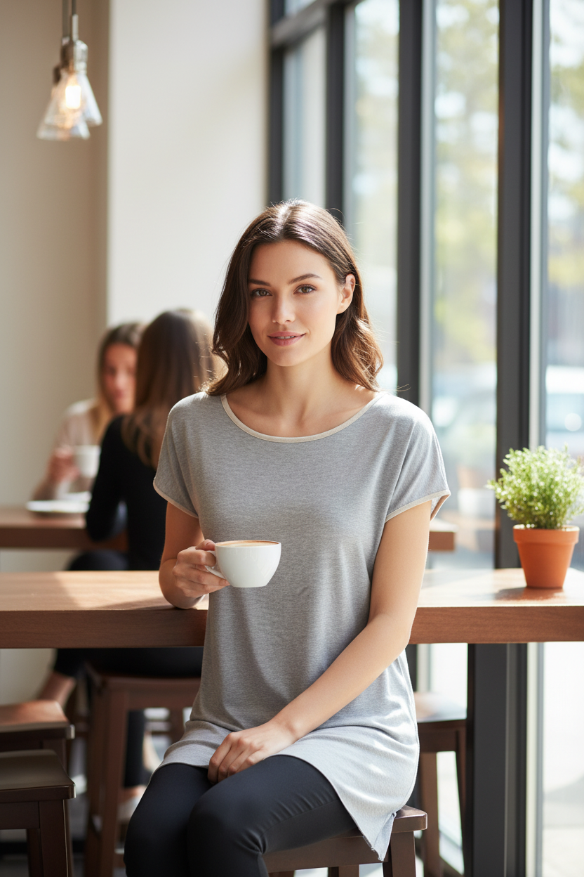 Femme portant un haut Rick Cardona gris en viscose fluide, assise dans un café, style casual chic.
